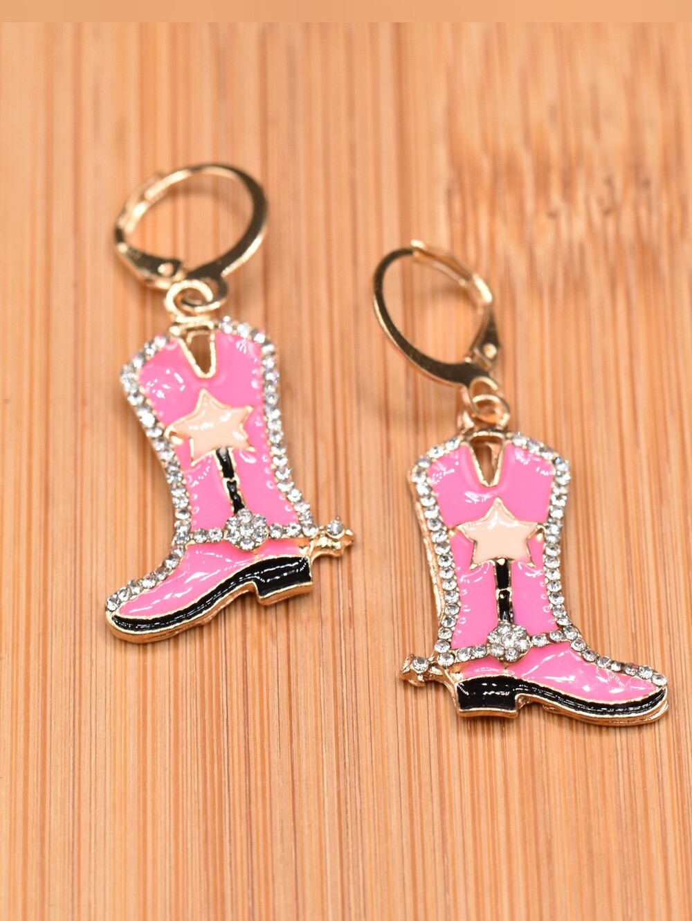 Pink Cowgirl Boot Dangle Earrings with Star Accent